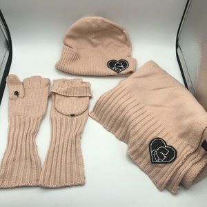 Karl Lagerfeld pink scarf, gloves(fingerless or mitten), and beanie 100% acrylic
